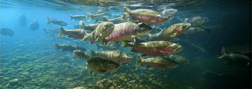 A school of trout holding in clear shallow water over a gravel bed