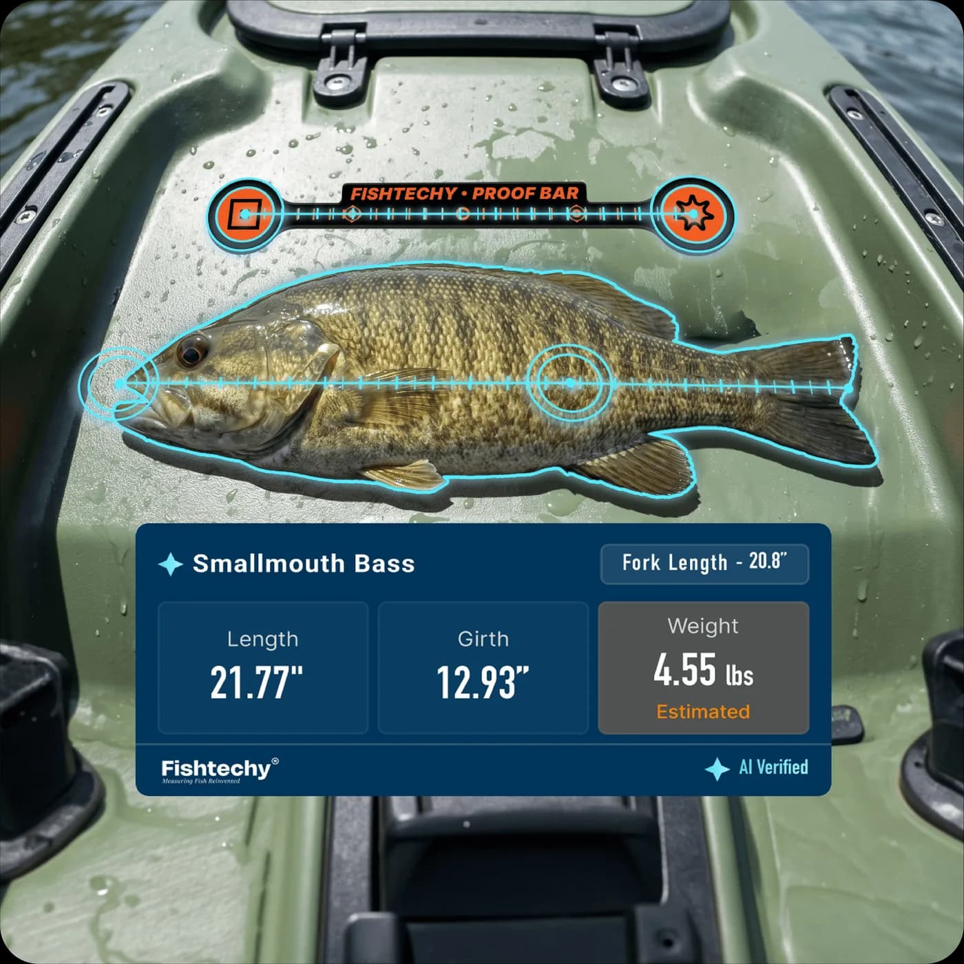 A smallmouth bass on a kayak deck beside a Proof Bar, measured in the Fishtechy app — 21.77 inch length, 12.93 inch girth, 64.55 square inch FSA, an estimated 4.55 pounds