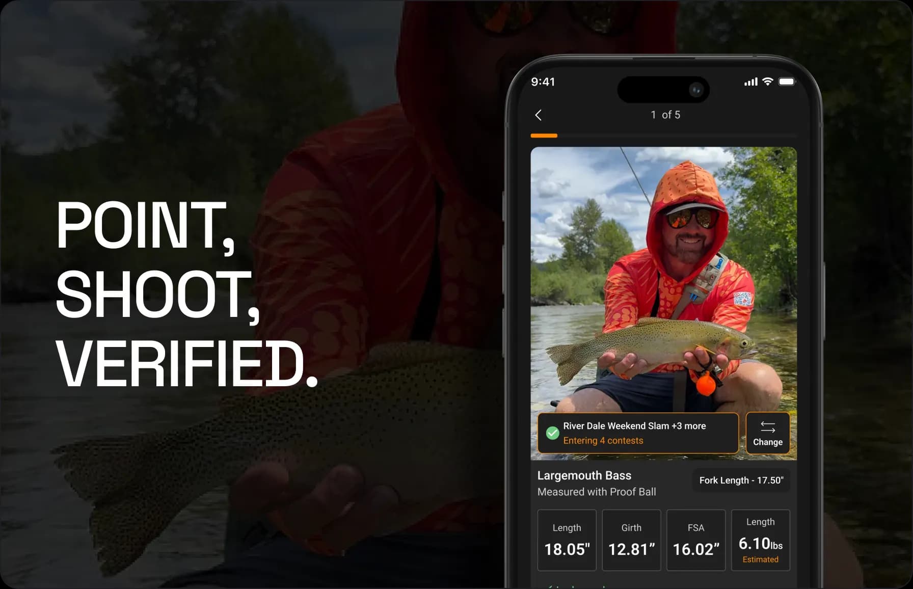 A phone showing the app's result for a fish held streamside — 18.05 inch length, 12.81 inch girth, 16.02 square inch FSA and an estimated 6.10 pounds, measured with a Proof Ball