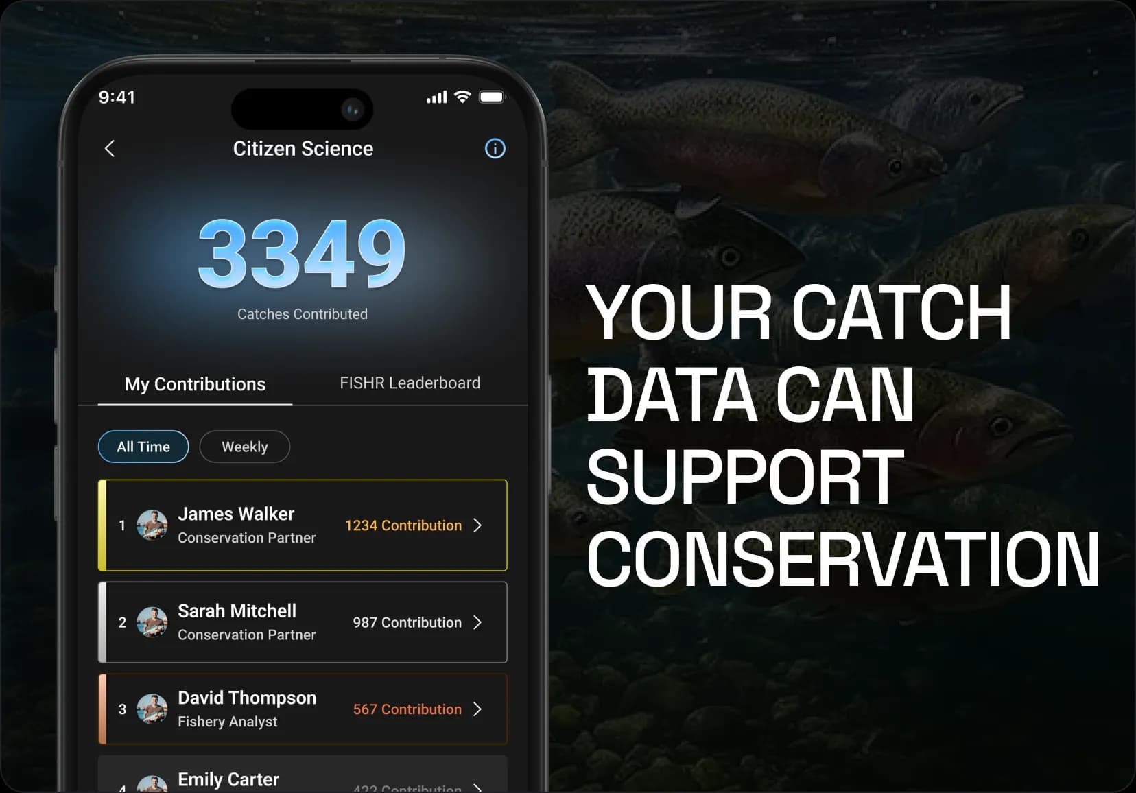 A phone showing the Citizen Science screen — 3,349 catches contributed, above a leaderboard of anglers and conservation partners — over a school of trout