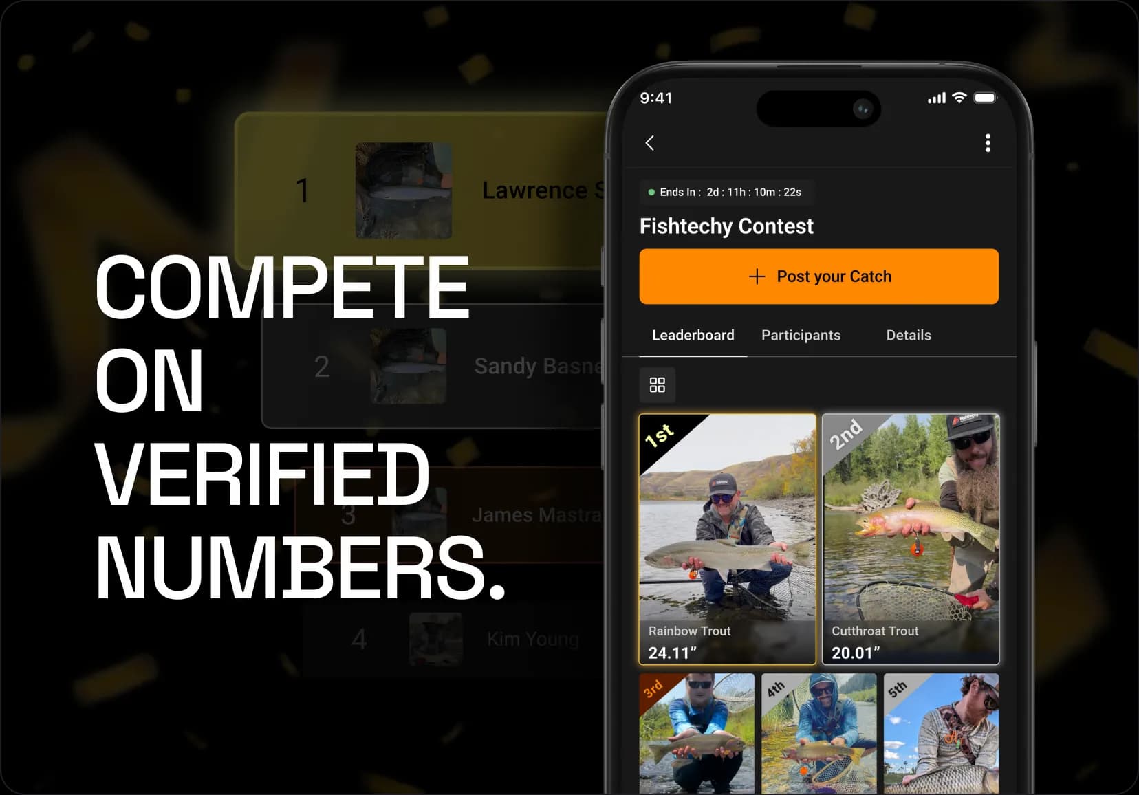 A phone showing a live contest leaderboard — placed catches with their verified lengths, a 24.11 inch rainbow trout in first