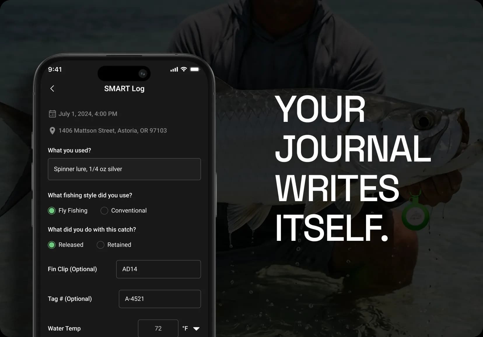 A phone showing a catch's log entry — date, address, lure, fishing style, release, fin clip, tag number and water temperature already filled in — over a tarpon released at the boat