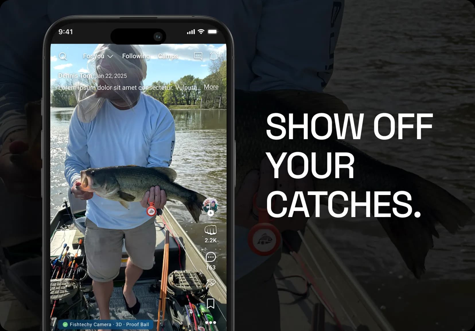 A phone showing the Fishtechy feed — a largemouth bass posted from a boat, with fist-bump reactions and comments beside it