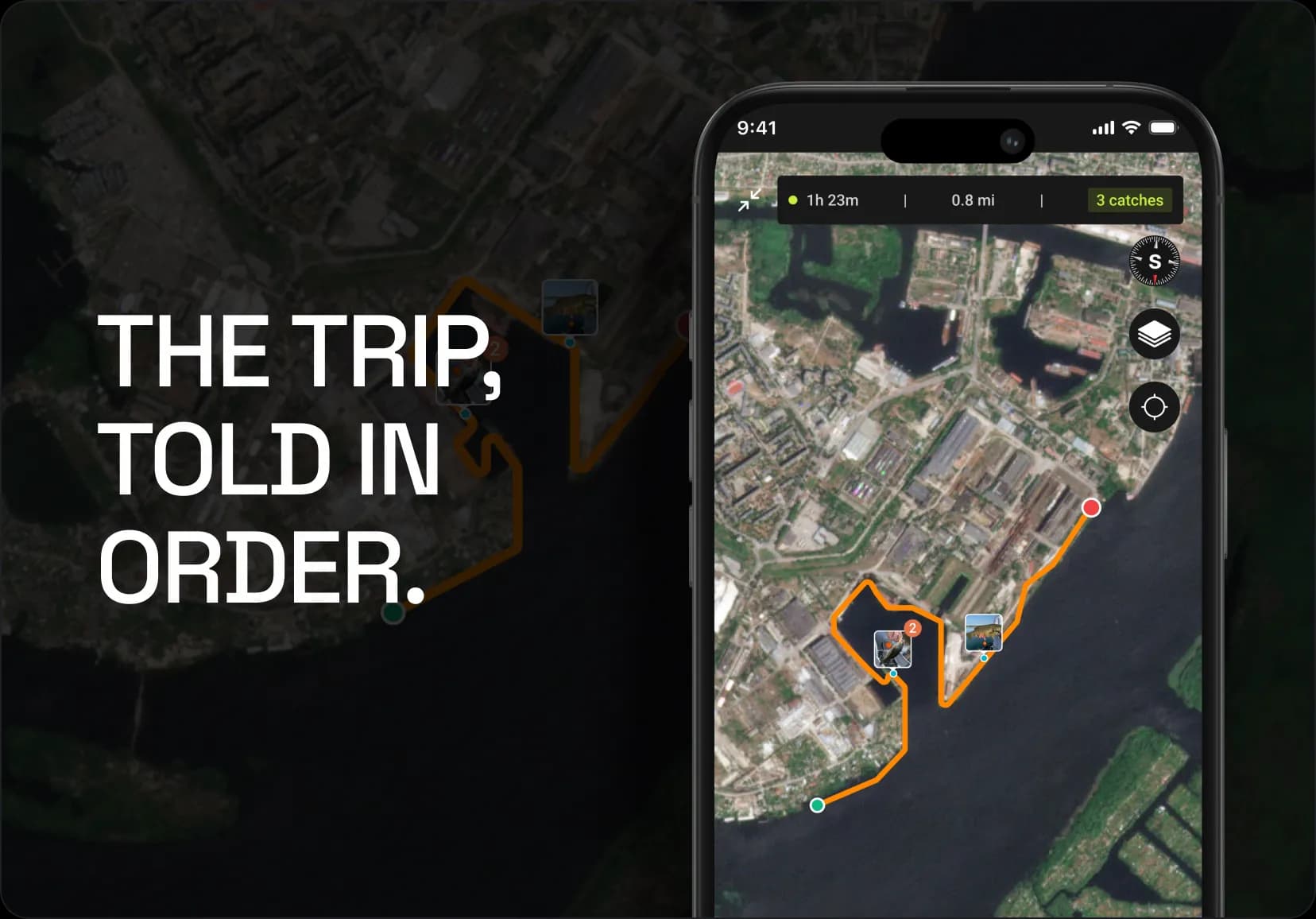 A phone showing a session on the map — the day's track drawn in orange with a photo pin at each catch, and a bar reading 1 hour 23 minutes, 0.8 miles, 3 catches